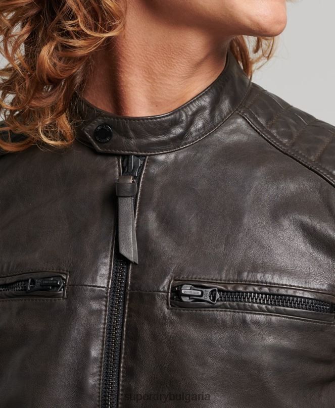 Superdry облекло N00H1088 тъмно сив мъже кожено мотоциклетно яке