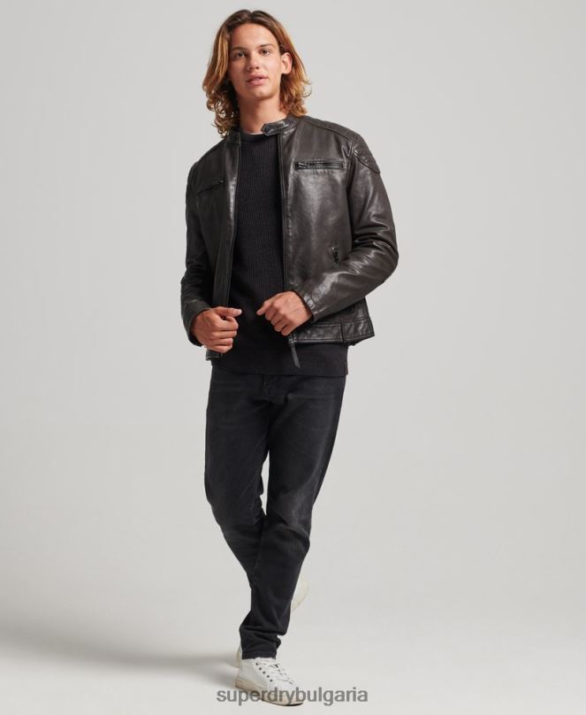 Superdry облекло N00H1088 тъмно сив мъже кожено мотоциклетно яке