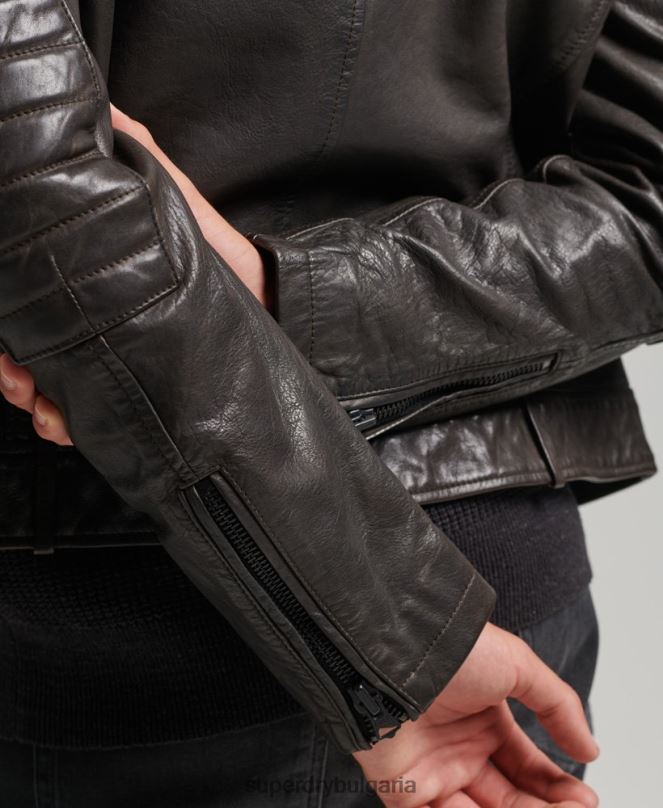 Superdry облекло N00H1088 тъмно сив мъже кожено мотоциклетно яке