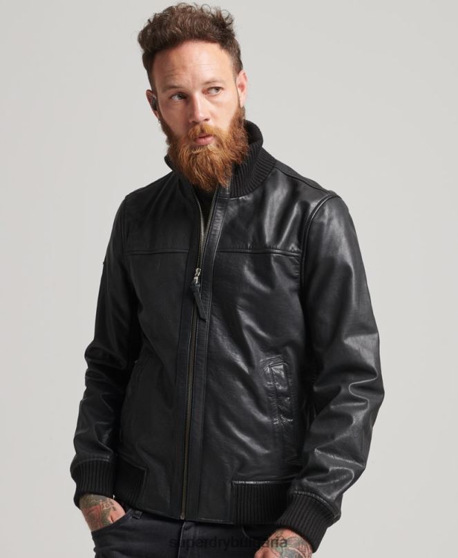 Superdry облекло N00H1108 черен мъже кожено бомбър яке с плетена яка