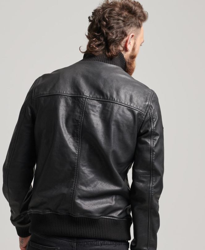 Superdry облекло N00H1108 черен мъже кожено бомбър яке с плетена яка