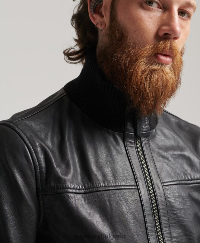 Superdry облекло N00H1108 черен мъже кожено бомбър яке с плетена яка