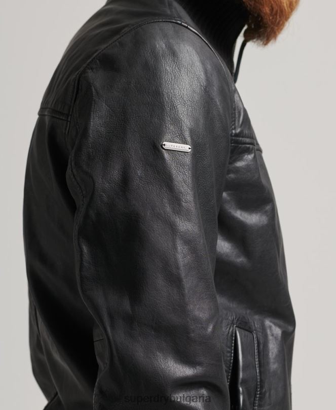 Superdry облекло N00H1108 черен мъже кожено бомбър яке с плетена яка