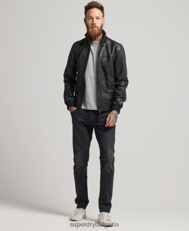 Superdry облекло N00H1108 черен мъже кожено бомбър яке с плетена яка
