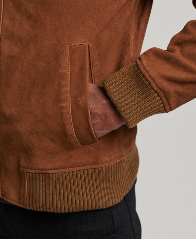 Superdry облекло N00H1128 тен мъже велурено бомбър яке с плетена яка