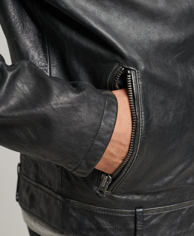 Superdry облекло N00H920 черен мъже кожено мотоциклетно яке