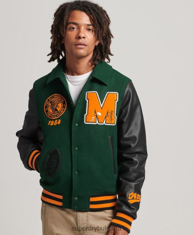 Superdry облекло N00H933 зелено мъже яке тип бомбър с кръпка на колеж