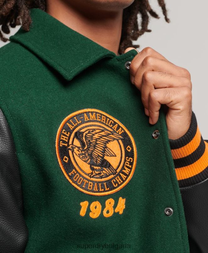 Superdry облекло N00H933 зелено мъже яке тип бомбър с кръпка на колеж