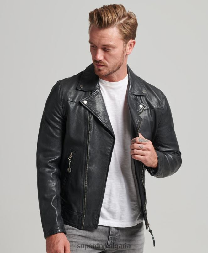 Superdry облекло N00H953 черен мъже кожено мотоциклетско яке