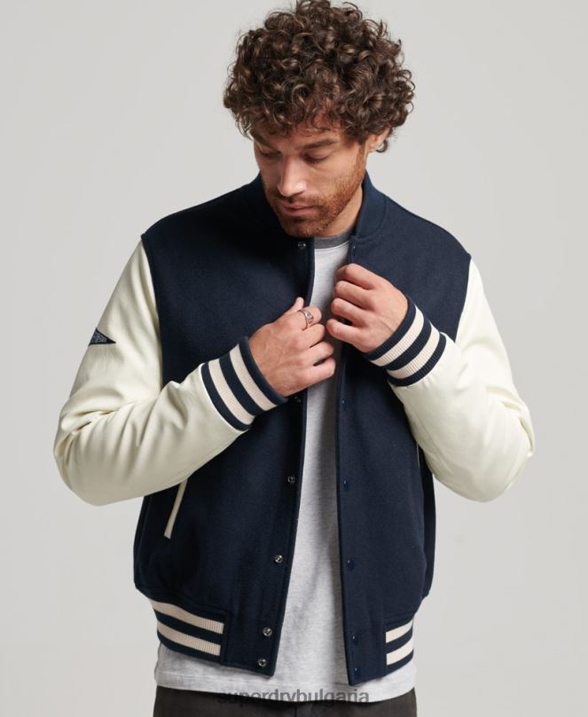 Superdry облекло N00H954 военноморски флот мъже бомбър яке от колежански университет