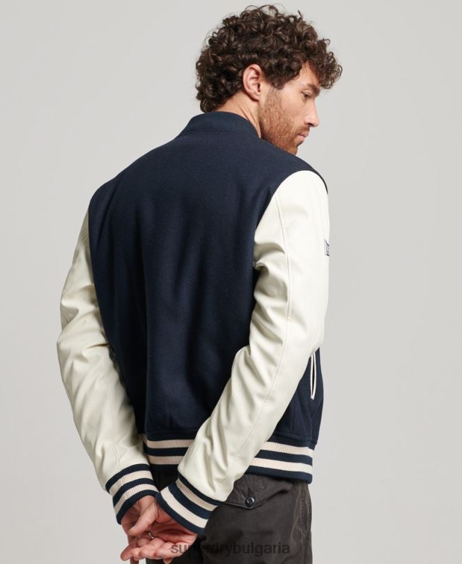 Superdry облекло N00H954 военноморски флот мъже бомбър яке от колежански университет