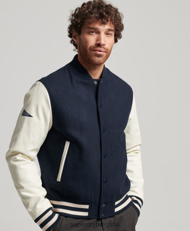 Superdry облекло N00H954 военноморски флот мъже бомбър яке от колежански университет