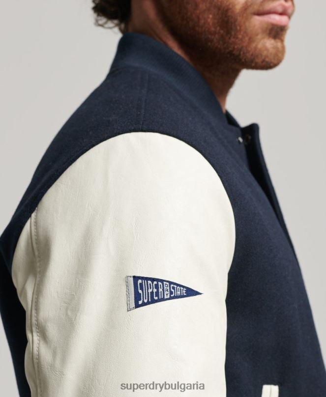 Superdry облекло N00H954 военноморски флот мъже бомбър яке от колежански университет