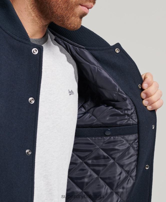 Superdry облекло N00H954 военноморски флот мъже бомбър яке от колежански университет
